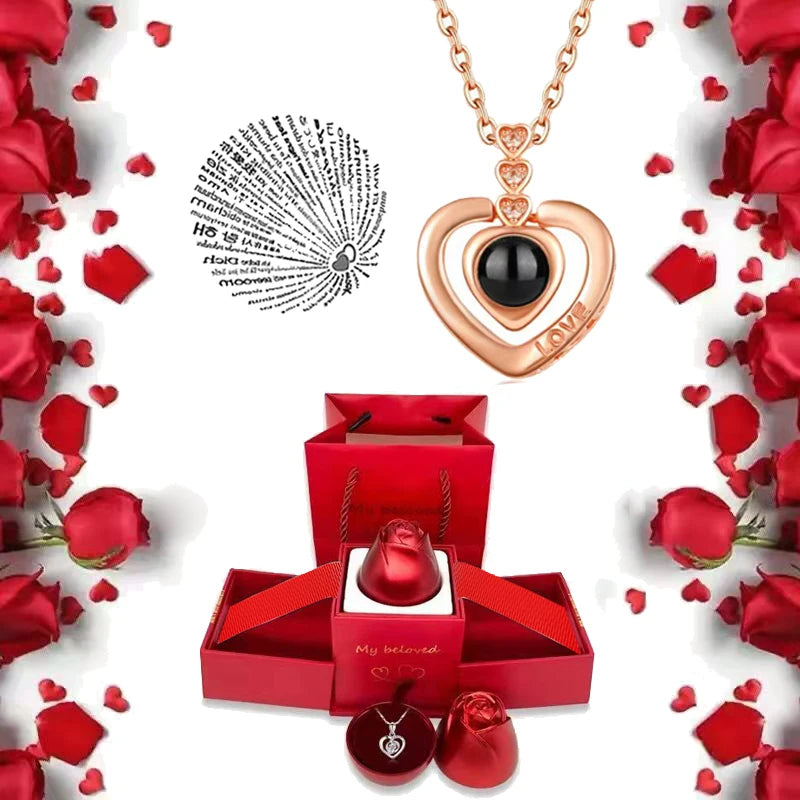  Romantic 100 Languages "I Love You" Necklace with Rose Gift Box 