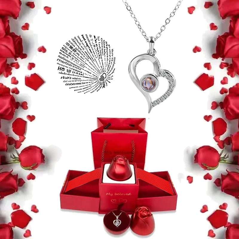  Romantic 100 Languages "I Love You" Necklace with Rose Gift Box 