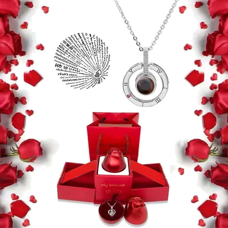  Romantic 100 Languages "I Love You" Necklace with Rose Gift Box 